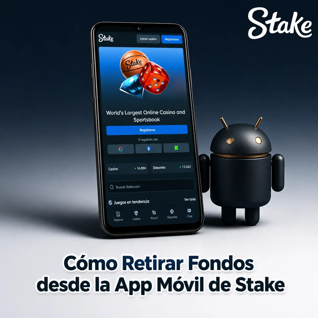 Guía para retirar fondos desde la app móvil de Stake: inicia sesión, selecciona retirar, elige criptomoneda y confirma el importe.