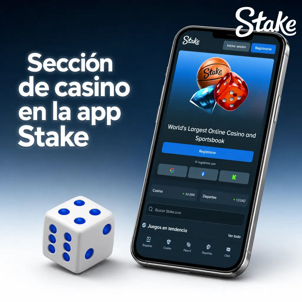 Sección de casino en la app Stake con slots, mesas en vivo, Stake Originals, blackjack, ruleta y jackpots progresivos