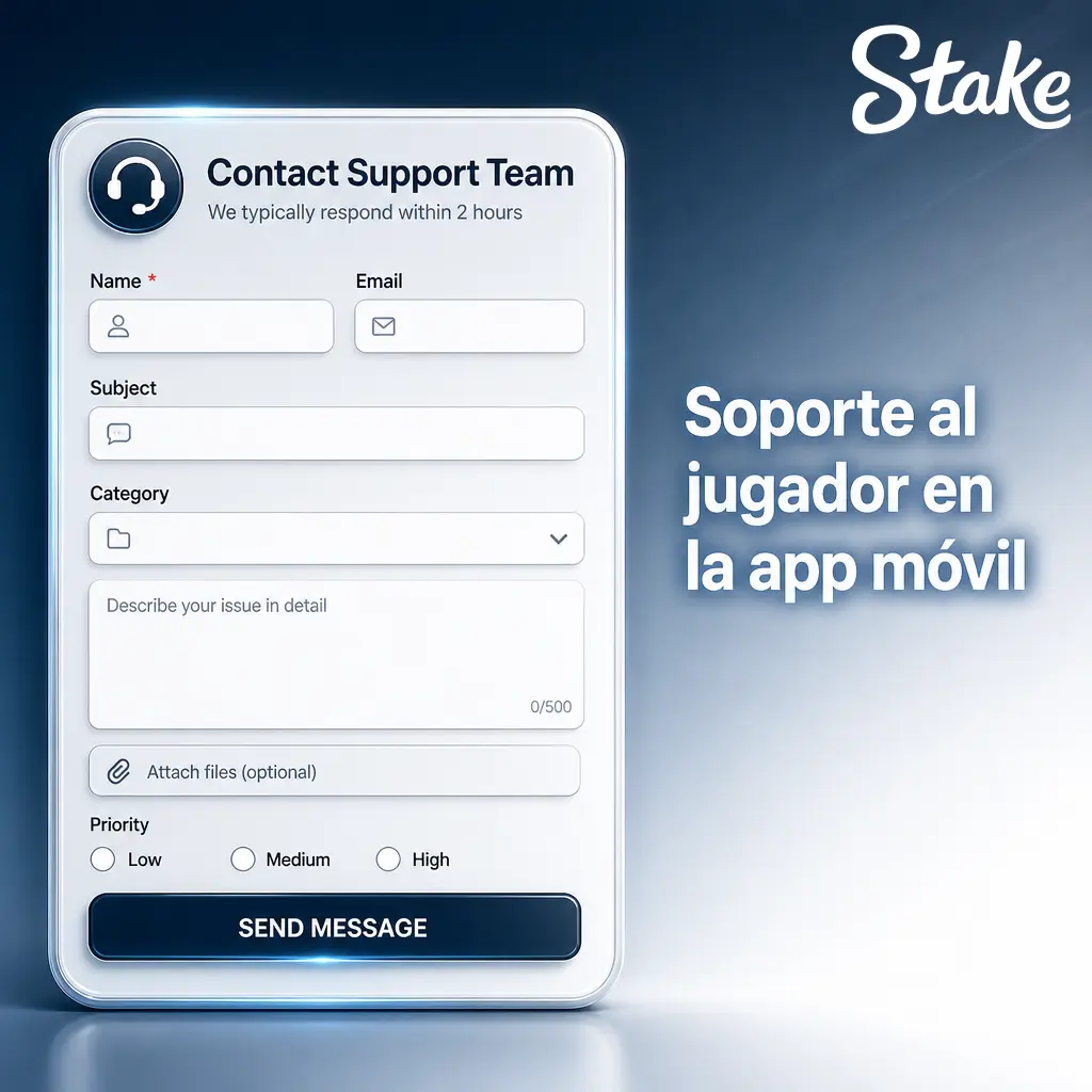 Soporte al jugador en la app móvil de Stake: chat en vivo, correo electrónico, centro de ayuda y redes sociales 24/7 en España